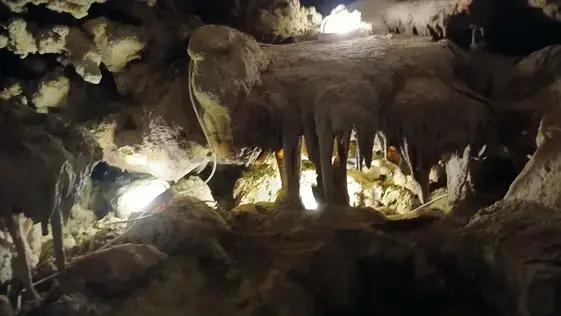 A wider view inside Xerri's Grotto showing the dense natural stalactite and stalagmite formations beneath Xagħra.