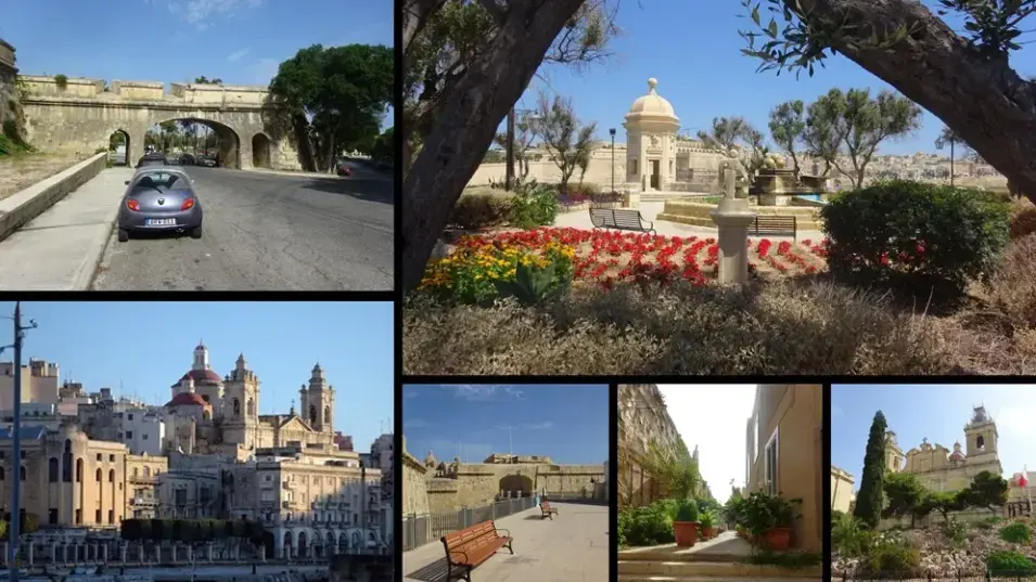Collage of fortifications, gardens, churches and harbour views in Malta’s Three Cities